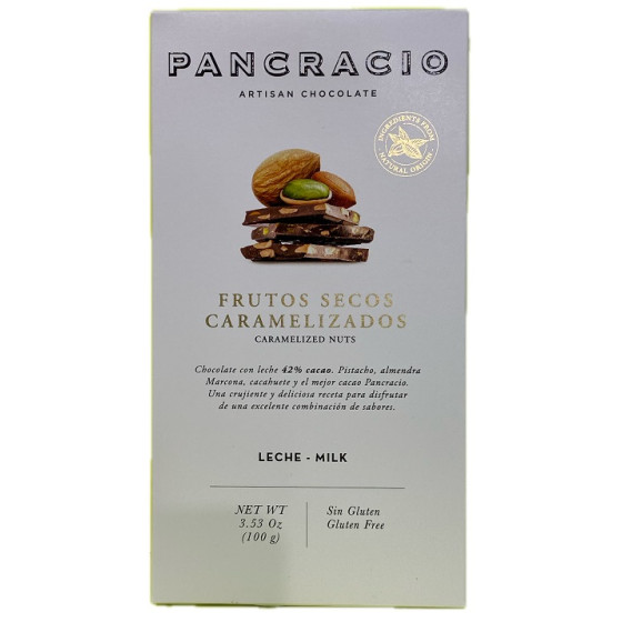 TABLETA CHOCOLATE CON LECHE 42% FRUTOS SECOS CARAMELIZADOS PANCRACIO 1