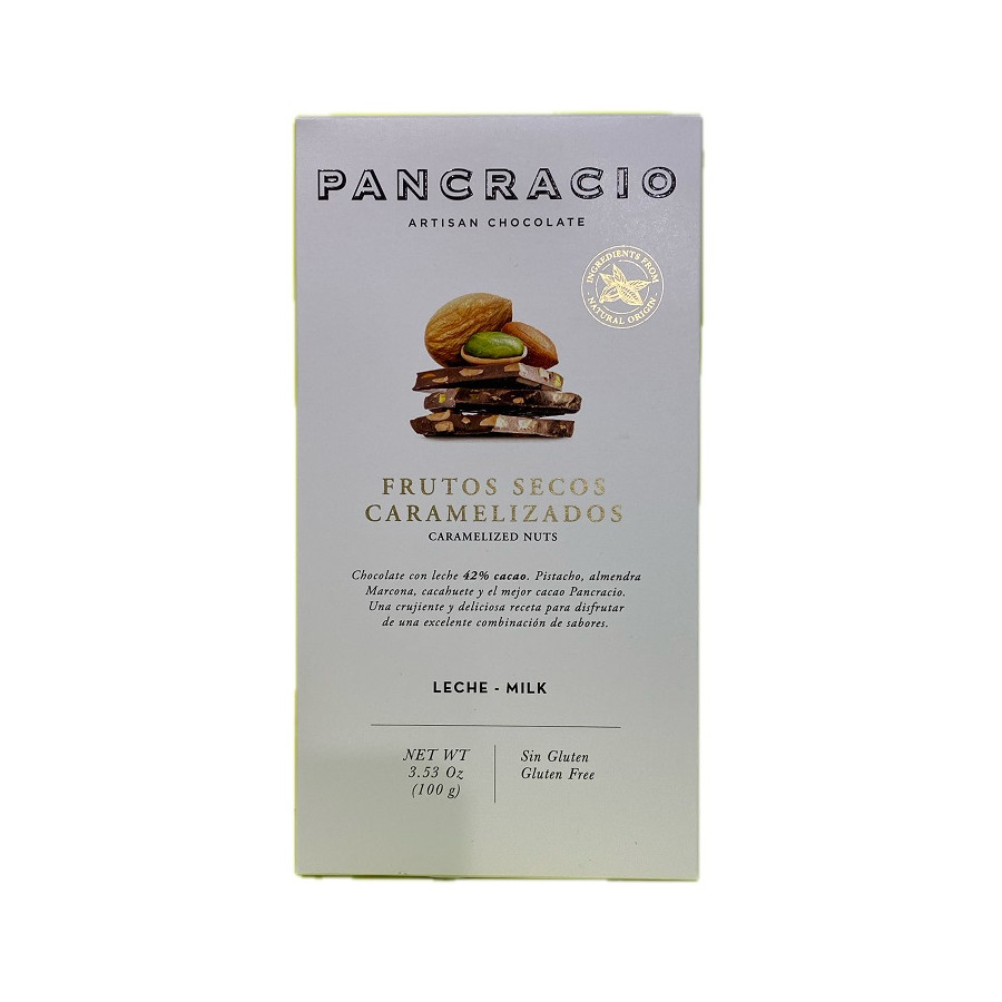 TABLETA CHOCOLATE CON LECHE 42% FRUTOS SECOS CARAMELIZADOS PANCRACIO 1