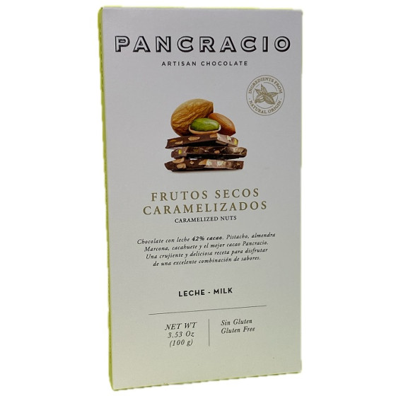 TABLETA CHOCOLATE CON LECHE 42% FRUTOS SECOS CARAMELIZADOS PANCRACIO 1
