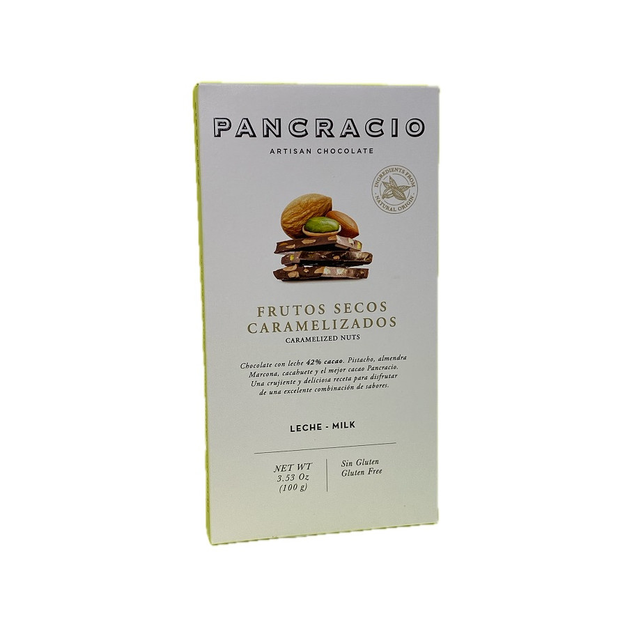 TABLETA CHOCOLATE CON LECHE 42% FRUTOS SECOS CARAMELIZADOS PANCRACIO 1