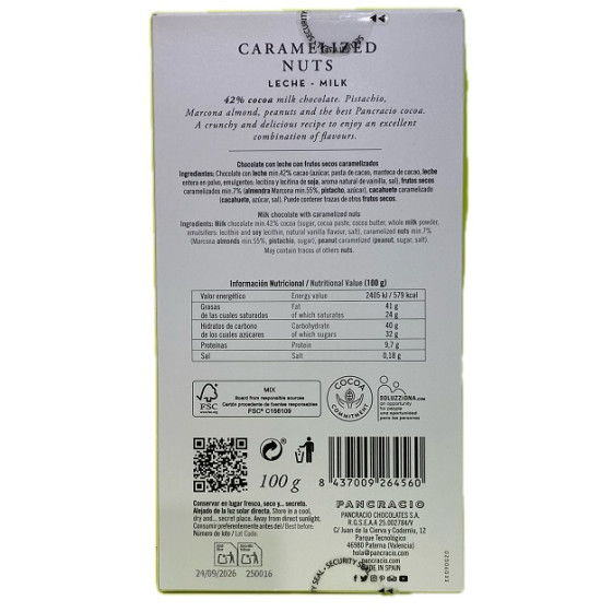 TABLETA CHOCOLATE CON LECHE 42% FRUTOS SECOS CARAMELIZADOS PANCRACIO 1