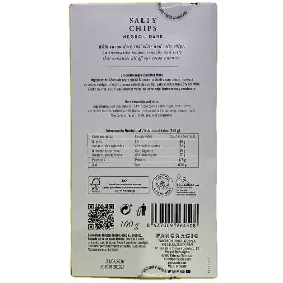 TABLETA CHOCOLATE NEGRO 64% CHIPS CON SAL PANCRACIO 100G – GOURMET ART