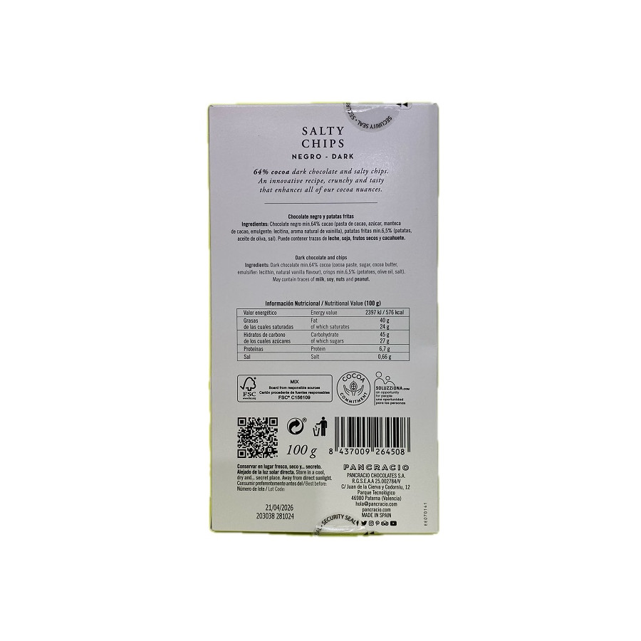 TABLETA CHOCOLATE NEGRO 64% CHIPS CON SAL PANCRACIO 100G – GOURMET ART