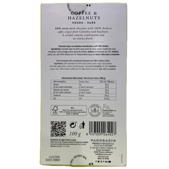 TABLETA CHOCOLATE NEGRO 64% CAFÉ Y AVELLANAS PANCRACIO 100G – GOURMET 