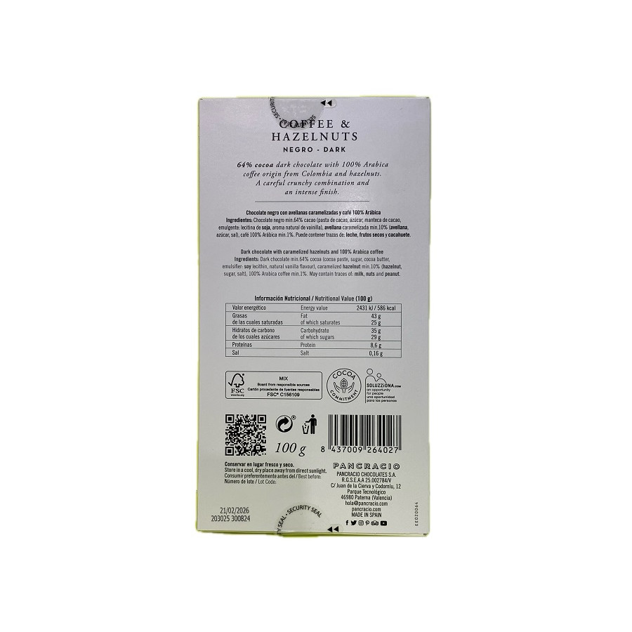 TABLETA CHOCOLATE NEGRO 64% CAFÉ Y AVELLANAS PANCRACIO 100G – GOURMET 