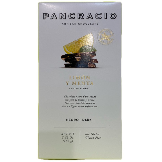 TABLETA CHOCOLATE NEGRO 64% LIMÓN Y MENTA PANCRACIO 100G – GOURMET ART