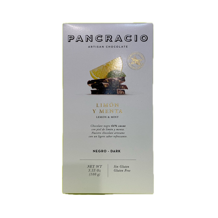 TABLETA CHOCOLATE NEGRO 64% LIMÓN Y MENTA PANCRACIO 100G – GOURMET ART
