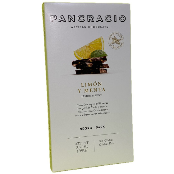 TABLETA CHOCOLATE NEGRO 64% LIMÓN Y MENTA PANCRACIO 100G – GOURMET ART