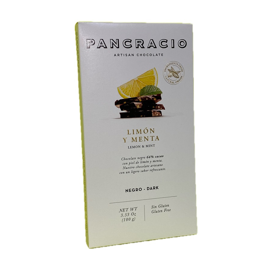 TABLETA CHOCOLATE NEGRO 64% LIMÓN Y MENTA PANCRACIO 100G – GOURMET ART