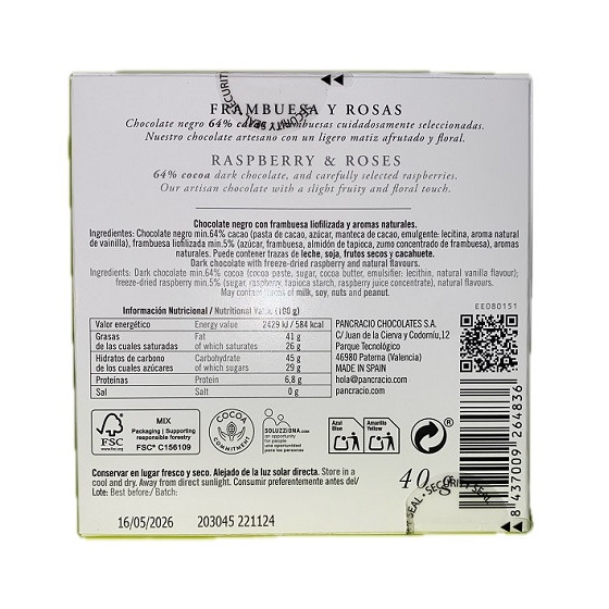 MINI TABLETA CHOCOLATE NEGRO 64% FRAMBUESA Y ROSAS PANCRACIO 40G – GOU