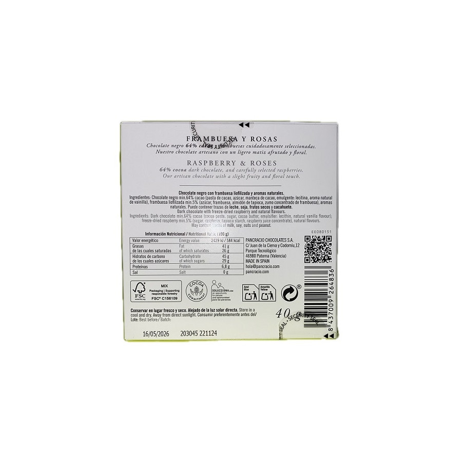 MINI TABLETA CHOCOLATE NEGRO 64% FRAMBUESA Y ROSAS PANCRACIO 40G – GOU
