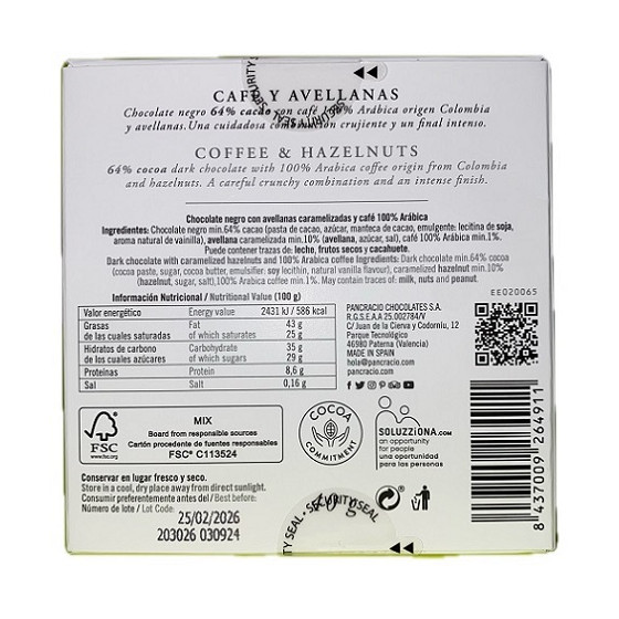 MINI TABLETA CHOCOLATE NEGRO 64% CAFÉ Y AVELLANAS PANCRACIO 40G – GOUR