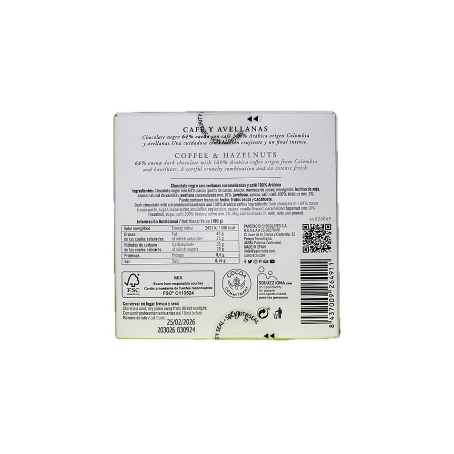 MINI TABLETA CHOCOLATE NEGRO 64% CAFÉ Y AVELLANAS PANCRACIO 40G – GOUR
