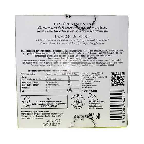 MINI TABLETA CHOCOLATE NEGRO 64% LIMÓN Y MENTA PANCRACIO 40G – GOURMET