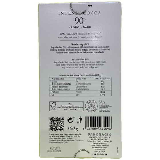 TABLETA INTENSE COCOA 90% PANCRACIO – CHOCOLATE NEGRO GOURMET 100G