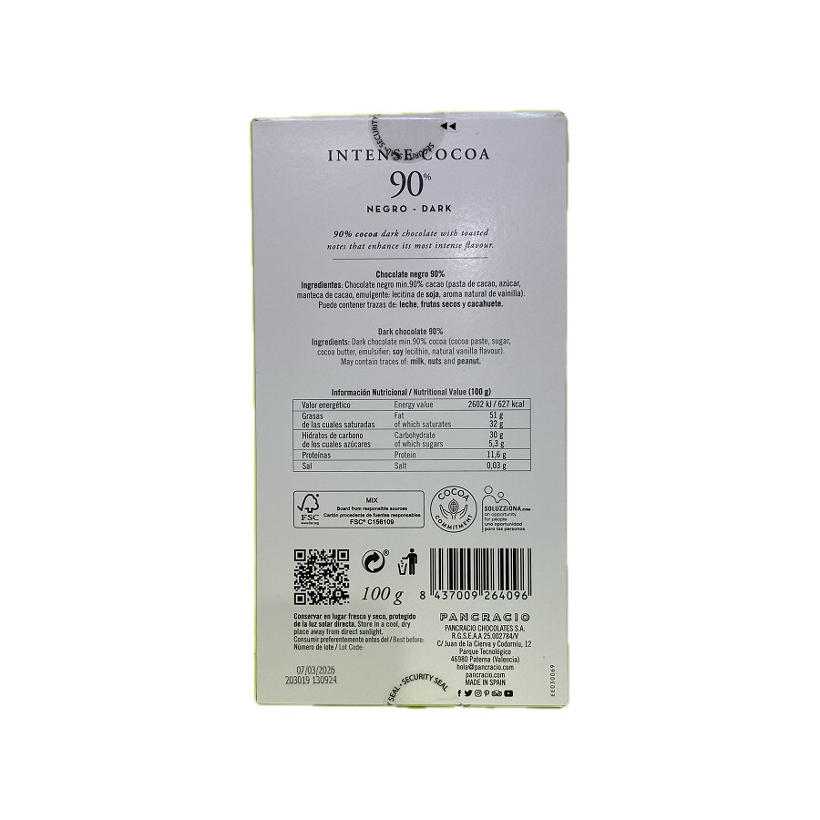 TABLETA INTENSE COCOA 90% PANCRACIO – CHOCOLATE NEGRO GOURMET 100G