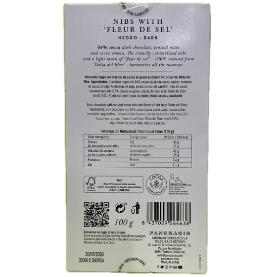 TABLETA CHOCOLATE NEGRO 64% NIBS Y FLOR DE SAL PANCRACIO 100G – GOURME