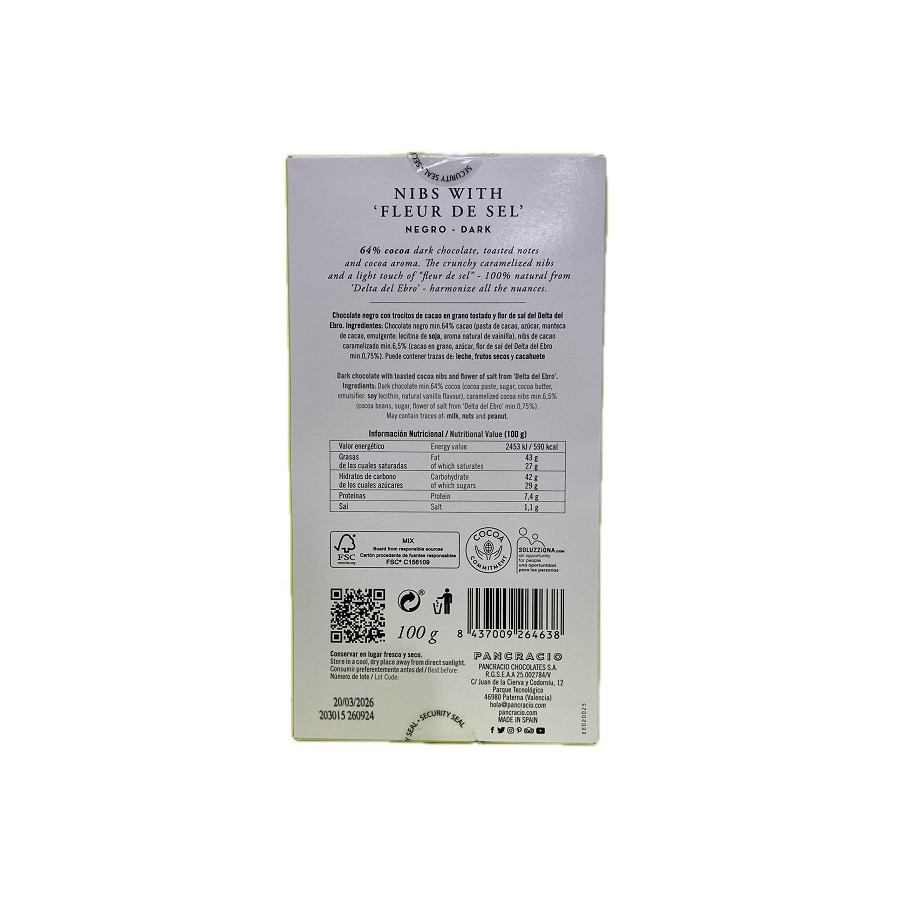 TABLETA CHOCOLATE NEGRO 64% NIBS Y FLOR DE SAL PANCRACIO 100G – GOURME
