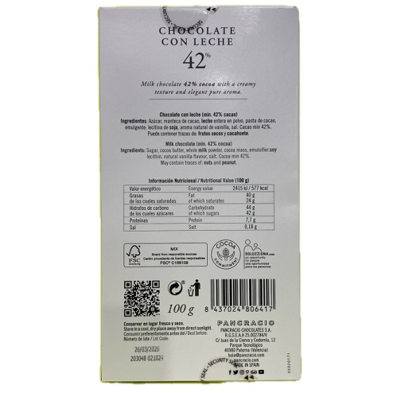 TABLETA CHOCOLATE CON LECHE 42% PANCRACIO 100G – GOURMET ARTESANAL ESP