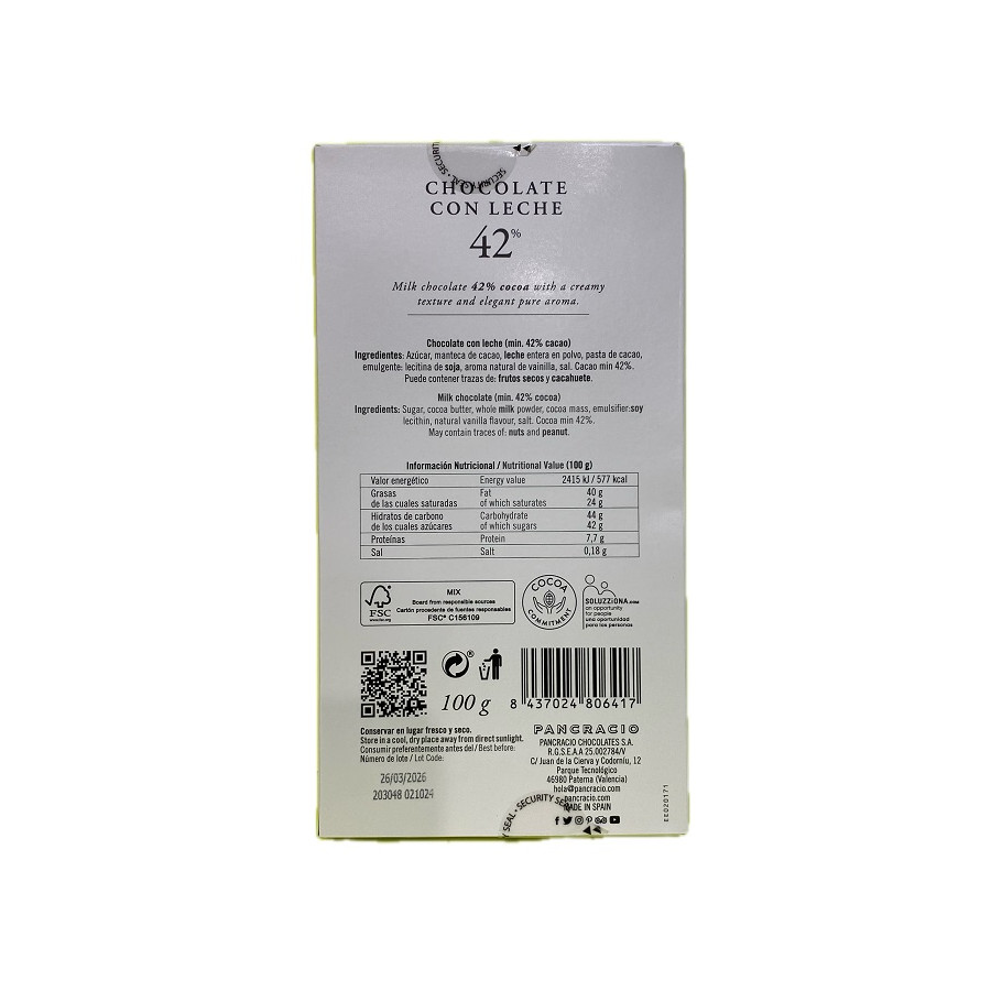 TABLETA CHOCOLATE CON LECHE 42% PANCRACIO 100G – GOURMET ARTESANAL ESP