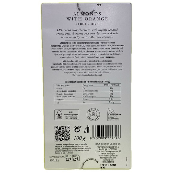 TABLETA CHOCOLATE CON LECHE 42% ALMENDRAS Y NARANJA PANCRACIO 100G – G