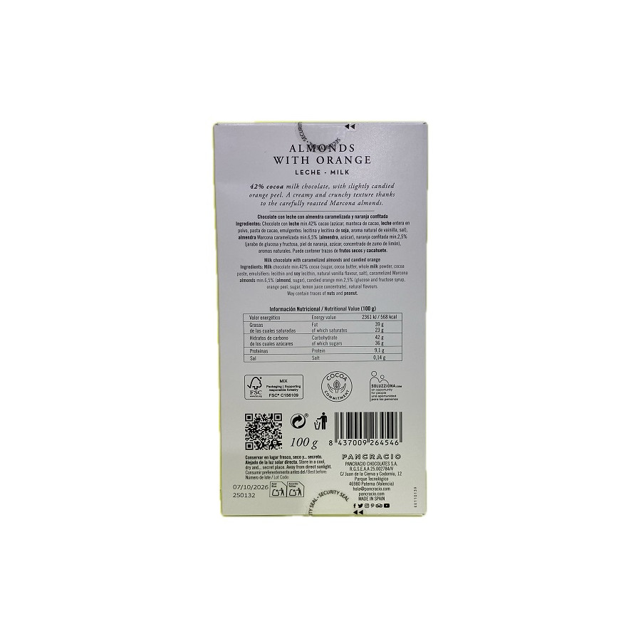 TABLETA CHOCOLATE CON LECHE 42% ALMENDRAS Y NARANJA PANCRACIO 100G – G