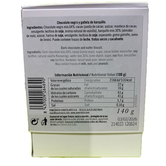 CRUJIENTES CHOCOLATE NEGRO 64% PANCRACIO 140G – GOURMET ARTESANAL ESPA