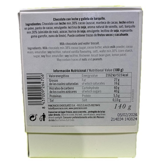 CRUJIENTES CHOCOLATE CON LECHE 38% PANCRACIO 140G – GOURMET ARTESANAL 