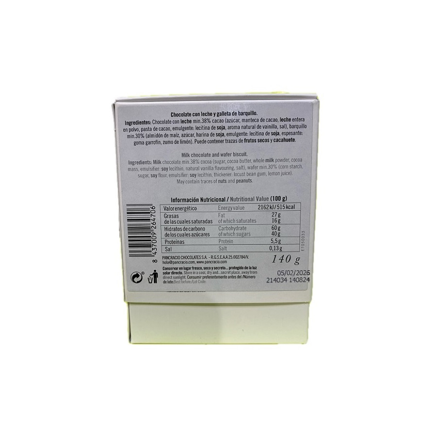 CRUJIENTES CHOCOLATE CON LECHE 38% PANCRACIO 140G – GOURMET ARTESANAL 