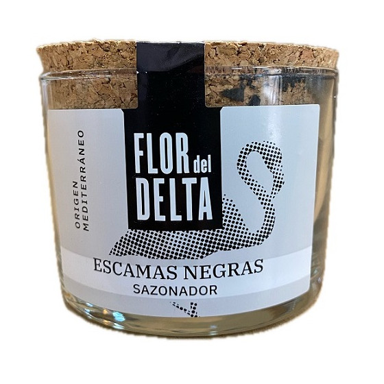 ESCAMAS NEGRAS SAZONADOR FLOR DEL DELTA 90 G – SAL GOURMET ARTESANAL E