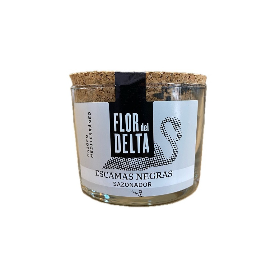 ESCAMAS NEGRAS SAZONADOR FLOR DEL DELTA 90 G – SAL GOURMET ARTESANAL E