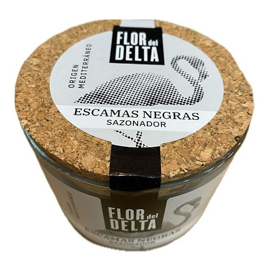 ESCAMAS NEGRAS SAZONADOR FLOR DEL DELTA 90 G – SAL GOURMET ARTESANAL E