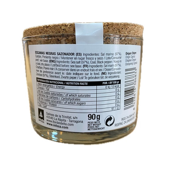 ESCAMAS NEGRAS SAZONADOR FLOR DEL DELTA 90 G – SAL GOURMET ARTESANAL E