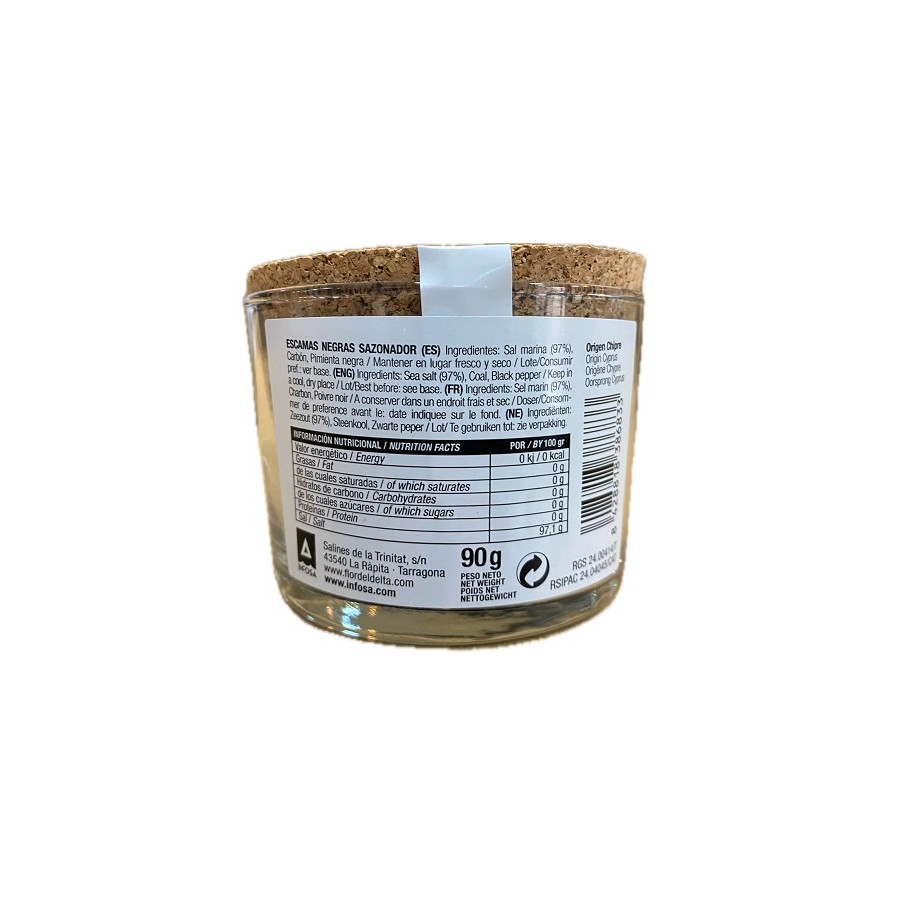ESCAMAS NEGRAS SAZONADOR FLOR DEL DELTA 90 G – SAL GOURMET ARTESANAL E