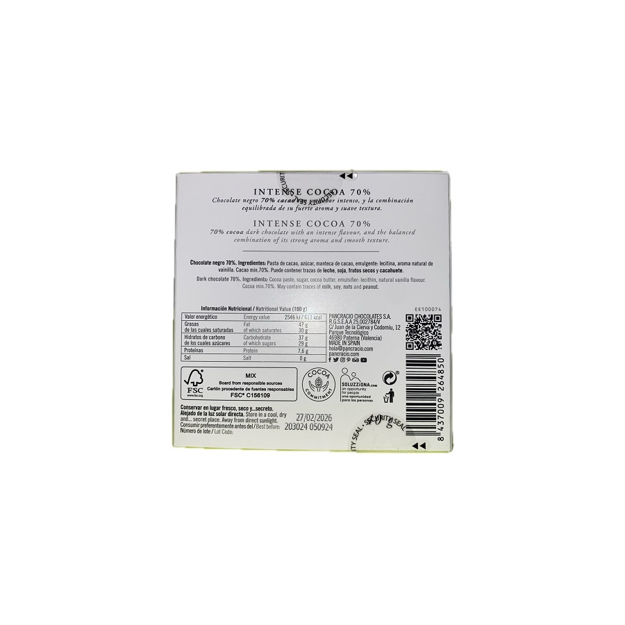 MINI TABLETA CHOCOLATE NEGRO 70% PANCRACIO 40G – GOURMET ARTESANAL DE 