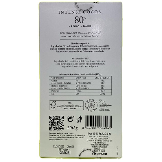 TABLETA DE CHOCOLATE NEGRO 80% CACAO PANCRACIO 100G – GOURMET ARTESANA