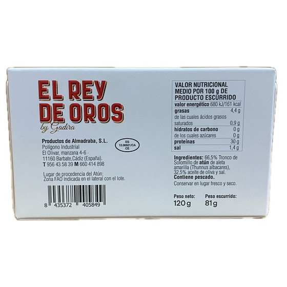 SOLOMILLO DE ATÚN ALETA AMARILLA EN ACEITE DE OLIVA EL REY DE OROS BAR
