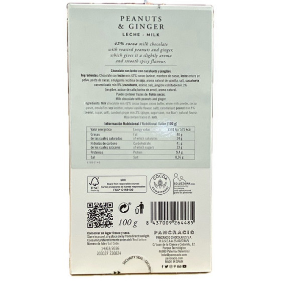 CHOCOLATE PANCRACIO CACAHUETE Y JENGIBRE 100G 42% CACAO