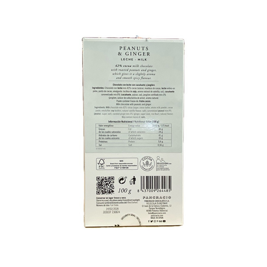 CHOCOLATE PANCRACIO CACAHUETE Y JENGIBRE 100G 42% CACAO