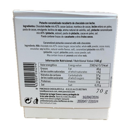 CHOCOLATE PANCRACIO PISTACHOS CARAMELIZADOS 70G 42% CACAO