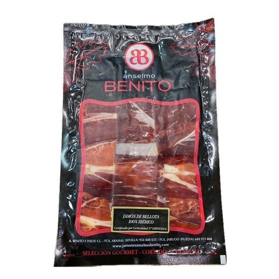 JAMÓN DE BELLOTA 100% IBÉRICO LONCHEADO A CUCHILLO ANSELMO BENITO 100 