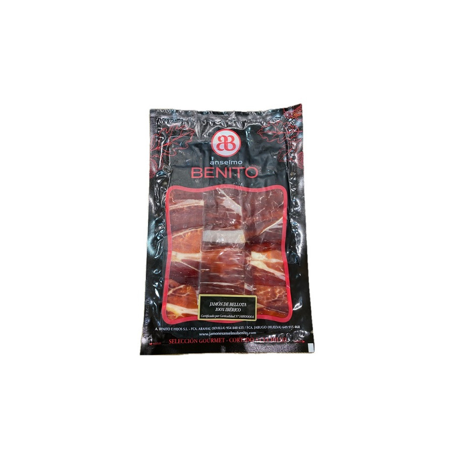 JAMÓN DE BELLOTA 100% IBÉRICO LONCHEADO A CUCHILLO ANSELMO BENITO 100 