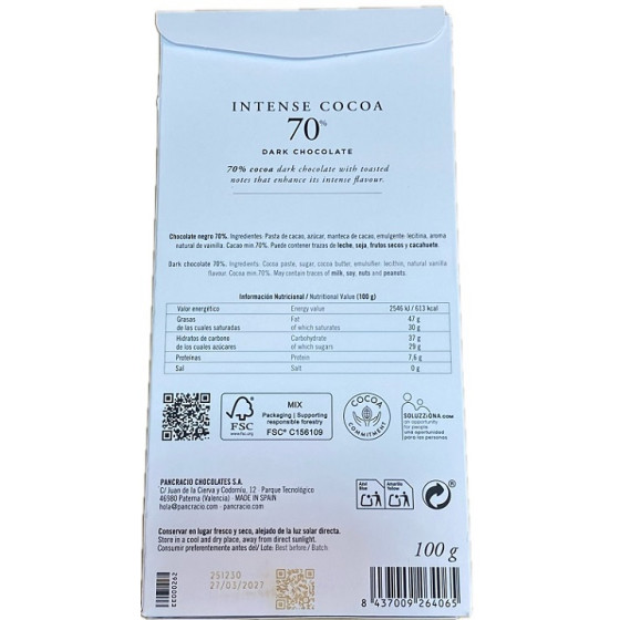 CHOCOLATE NEGRO INTENSO 70% CACAO PANCRACIO 100 G a CHOCOLATE GOURMET 