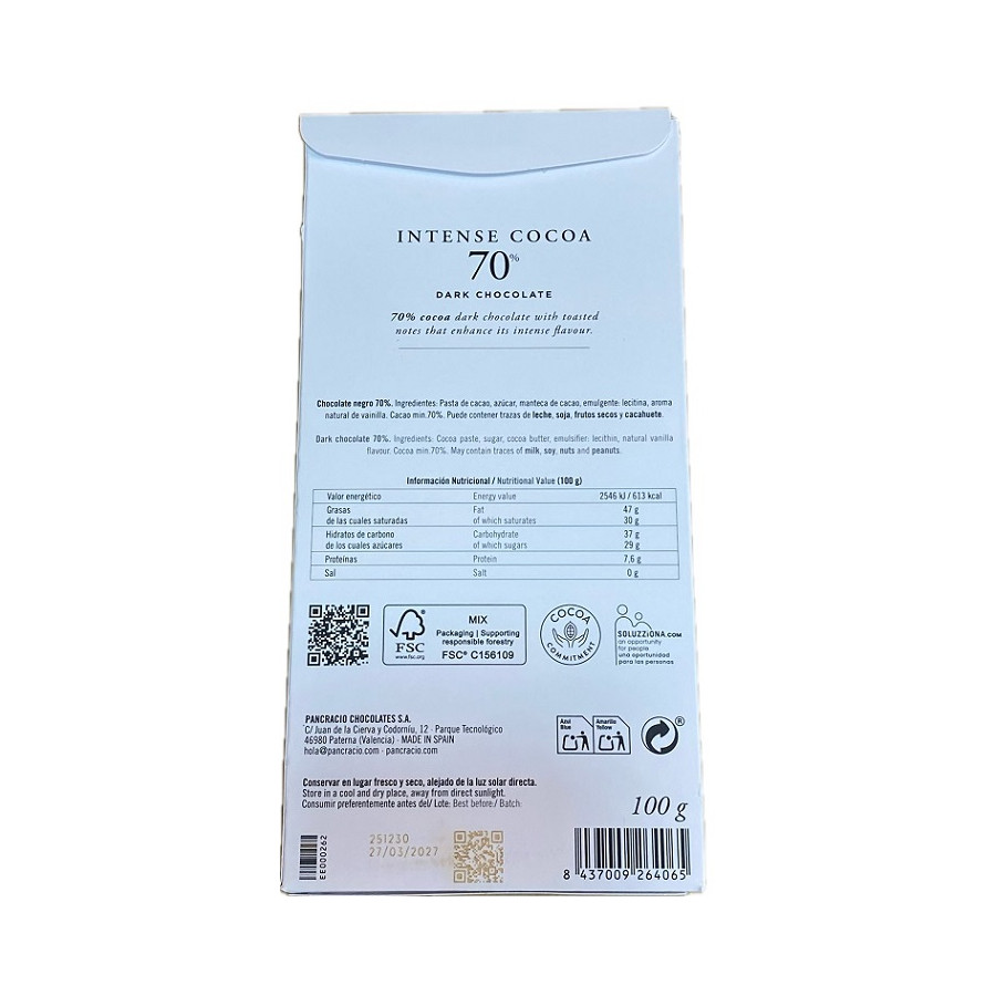 CHOCOLATE NEGRO INTENSO 70% CACAO PANCRACIO 100 G a CHOCOLATE GOURMET 