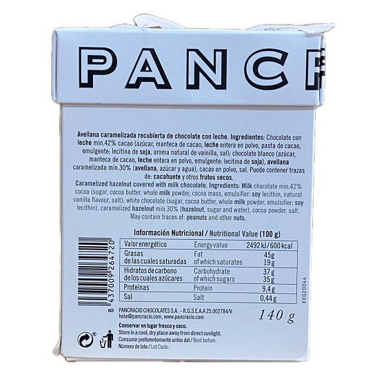AVELLANAS CARAMELIZADAS CON CHOCOLATE CON LECHE PANCRACIO 140 G (SIN G