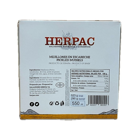 MEJILLONES EN ESCABECHE HERPAC 523 G – BARBATE SALAZONES, AHUMADOS Y C
