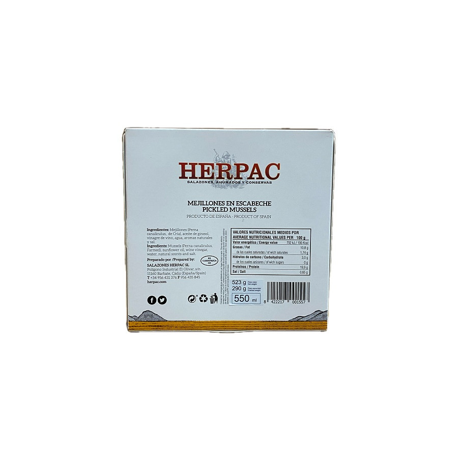 MEJILLONES EN ESCABECHE HERPAC 523 G – BARBATE SALAZONES, AHUMADOS Y C