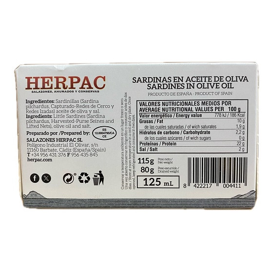 SARDINILLAS EN ACEITE DE OLIVA LATA 115g. HERPAC BARBATE