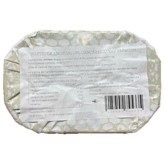 ANCHOAS DEL CANTÁBRICO "00" PREMIUM 100G 10 FILETES FELISA GOURMET BAR