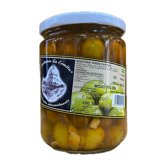 ACEITUNAS VERDES PARTIDAS MOJO PICÓN 650 gr. ACEITUNAS LA ERMITA